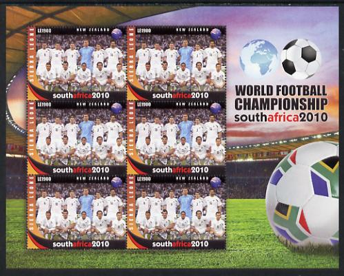 Sierra Leone 2010 Football World Cup Chamipnships - the team from New Zealand in special sheet of 6 unmounted mint as SG 4710, stamps on football