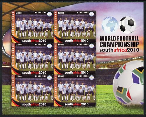 Sierra Leone 2010 Football World Cup Chamipnships - the team from Argentina in special sheet of 6 unmounted mint as SG 4716, stamps on , stamps on  stamps on football