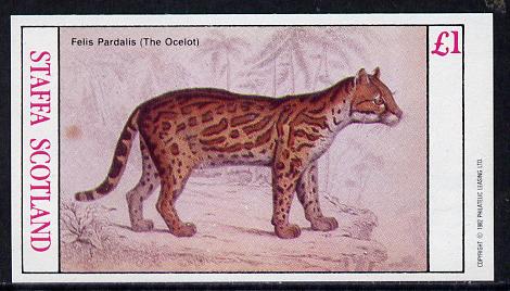 Staffa 1982 Animals (Ocelot) imperf souvenir sheet (£1 value) unmounted mint, stamps on animals      cats