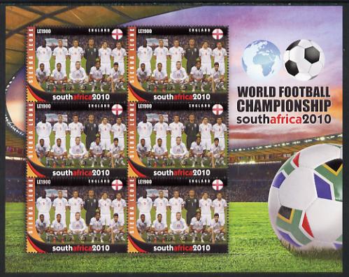 Sierra Leone 2010 Football World Cup Chamipnships - the team from England in special sheet of 6 unmounted mint as SG 4729, stamps on , stamps on  stamps on football