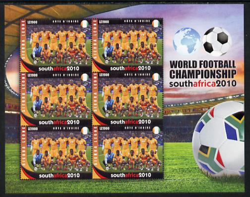 Sierra Leone 2010 Football World Cup Chamipnships - the team from Ivory Coast in special sheet of 6 unmounted mint as SG 4733. , stamps on , stamps on  stamps on football