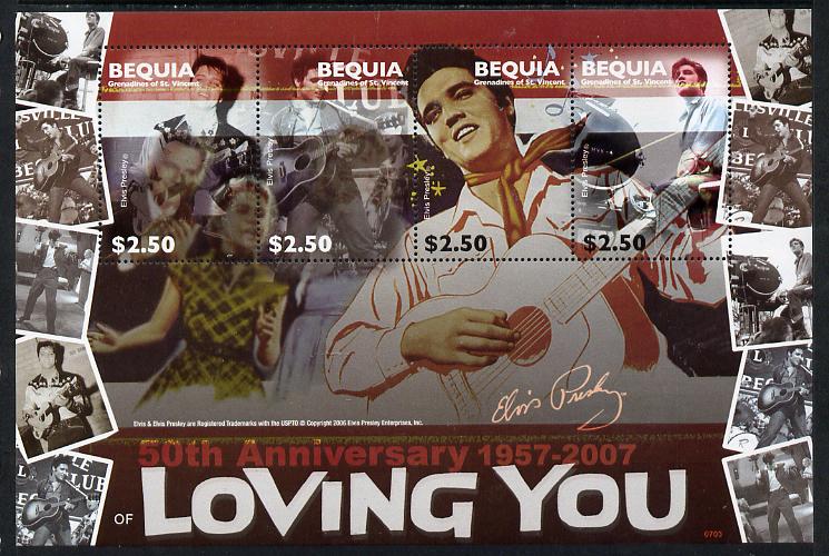 St Vincent - Bequia 2007 Elvis Presley - 50th Anniversary of Loving You perf sheetlet containing 4 values unmounted mint, stamps on , stamps on  stamps on music, stamps on  stamps on personalities, stamps on  stamps on elvis, stamps on  stamps on entertainments, stamps on  stamps on films, stamps on  stamps on cinema