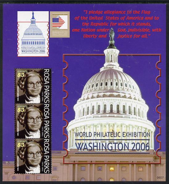 Grenada 2006 Washington Stamp Exhibition (Rosa Parks) perf sheetlet containing 3 values unmounted mint, stamps on stamp exhibitions, stamps on americana, stamps on peace, stamps on freedom