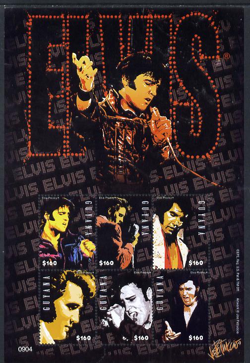 Guyana 2009 Elvis Presley Commemoration perf sheetlet containing 6 values unmounted mint SG MS 6666, stamps on music, stamps on personalities, stamps on elvis, stamps on entertainments, stamps on films, stamps on cinema