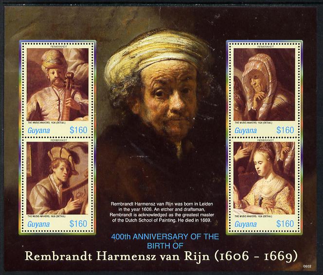 Guyana 2006 Rembrandt 400th Birth Anniversary perf sheetlet containing set of 4 values unmounted mint SG 6571-74, stamps on , stamps on  stamps on arts, stamps on  stamps on music, stamps on  stamps on rembrandt