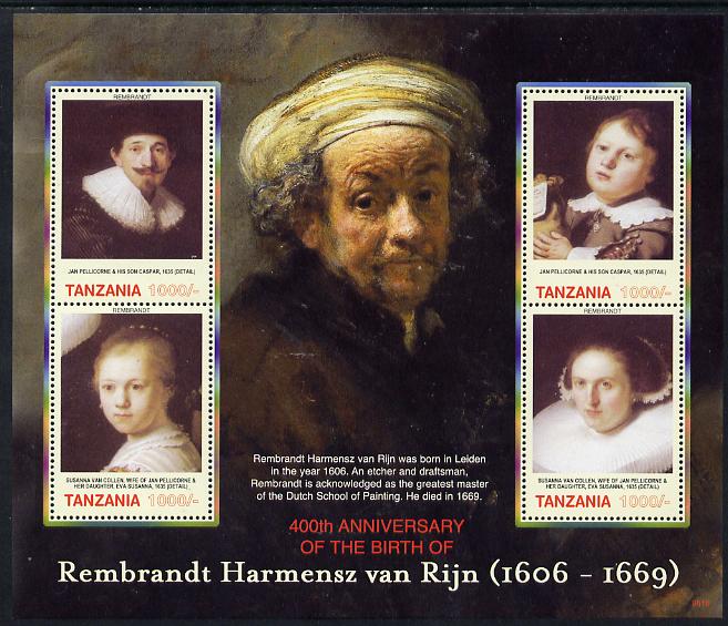 Tanzania 2006 Rembrandt 400th Birth Anniversary perf sheetlet containing 4 values unmounted mint, stamps on , stamps on  stamps on arts, stamps on  stamps on rembrandt