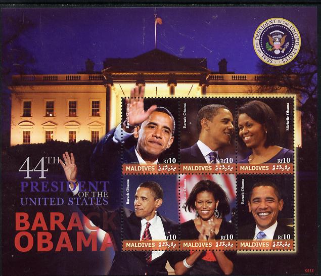 Maldive Islands 2009 Barack Obama - 44th President of the United States perf sheetlet containing 6 values unmounted mint. Note this item is privately produced and is offered purely on its thematic appeal, stamps on , stamps on  stamps on personalities, stamps on  stamps on constitutions, stamps on  stamps on americana, stamps on  stamps on usa presidents, stamps on  stamps on obama, stamps on  stamps on 