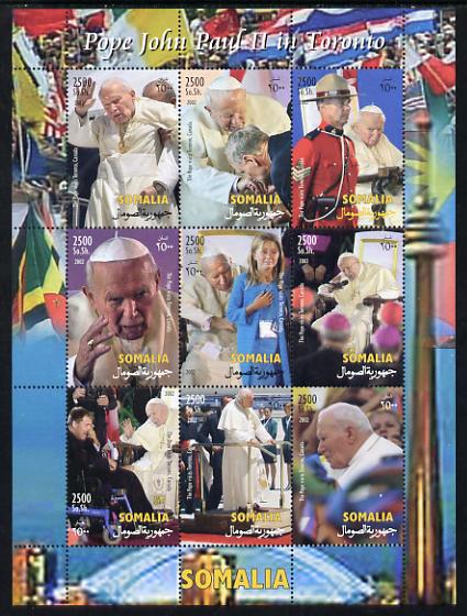 Somalia 2002 Pope John Paul II in Toronto perf sheetlet containing 9 values unmounted mint. Note this item is privately produced and is offered purely on its thematic app..., stamps on personalities, stamps on pope, stamps on popes, stamps on religion, stamps on police, stamps on 