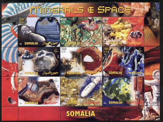 Somalia 2002 Minerals & Space perf sheetlet containing 9 values unmounted mint. Note this item is privately produced and is offered purely on its thematic appeal , stamps on , stamps on  stamps on minerals, stamps on  stamps on space, stamps on  stamps on satellites, stamps on  stamps on 