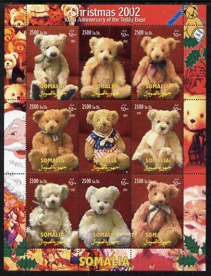 Somalia 2002 Christmas - Centenary of Teddy Bear perf sheetlet containing 9 values unmounted mint. Note this item is privately produced and is offered purely on its thematic appeal , stamps on , stamps on  stamps on christmas, stamps on  stamps on teddy bears, stamps on  stamps on 