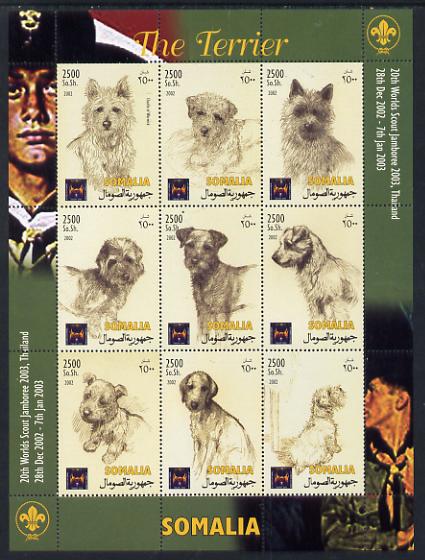 Somalia 2002 Dogs - The Terrier (With Scout Jamboree imprint)perf sheetlet containing 9 values unmounted mint. Note this item is privately produced and is offered purely on its thematic appeal , stamps on , stamps on  stamps on dogs, stamps on  stamps on terriers, stamps on  stamps on scouts