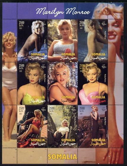 Somalia 2002 Marilyn Monroe perf sheetlet containing 9 values unmounted mint. Note this item is privately produced and is offered purely on its thematic appeal , stamps on films, stamps on cinema, stamps on entertainments, stamps on women, stamps on pin-ups, stamps on personalities, stamps on marilyn, stamps on monroe, stamps on 