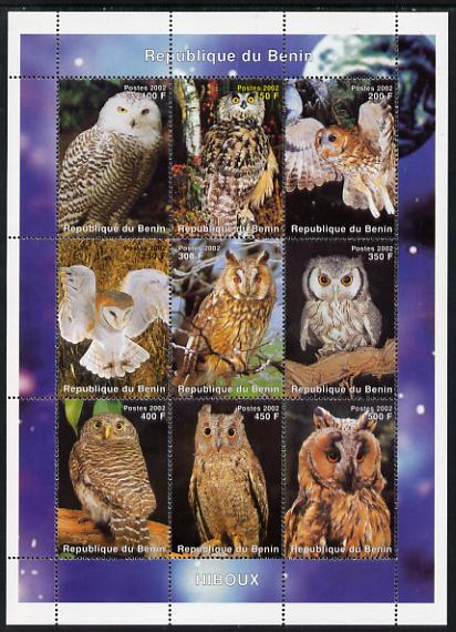 Benin 2002 Owls perf sheetlet containing 9 values unmounted mint. Note this item is privately produced and is offered purely on its thematic appeal , stamps on , stamps on  stamps on birds, stamps on  stamps on owls, stamps on  stamps on birds of prey, stamps on  stamps on 