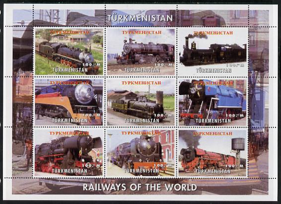 Turkmenistan 2002 Railways of the World - Steam Locos perf sheetlet containing 9 values unmounted mint. Note this item is privately produced and is offered purely on its ..., stamps on railways