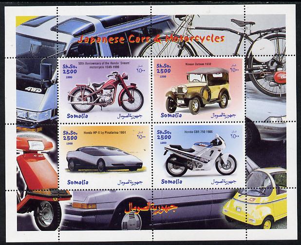 Somalia 1999 Japanese Cars & Motorcycles perf sheetlet containing 4 values unmounted mint. Note this item is privately produced and is offered purely on its thematic appeal , stamps on cars, stamps on motorbikes, stamps on 