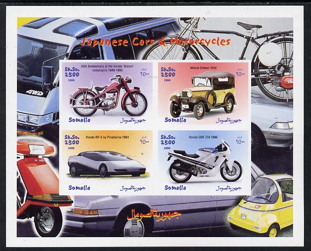 Somalia 1999 Japanese Cars & Motorcycles imperf sheetlet containing 4 values unmounted mint . Note this item is privately produced and is offered purely on its thematic appeal, it has no postal validity, stamps on , stamps on  stamps on cars, stamps on  stamps on motorbikes, stamps on  stamps on 