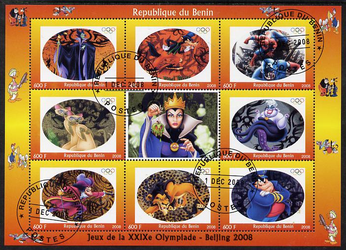 Benin 2008 Beijing Olympics - Comic Book Heroes & Disney Characters #2 perf sheetlet containing 8 values plus label fine cto used (Spider Man, Peter Pan, Sleeping Beauty etc), stamps on olympics, stamps on disney, stamps on sport, stamps on tennis, stamps on films.comics, stamps on movies, stamps on fantasy, stamps on scots, stamps on scotland
