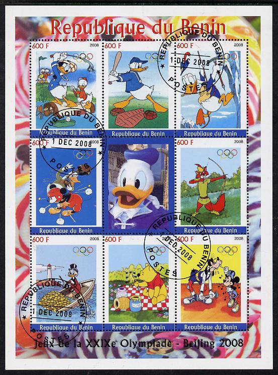 Benin 2008 Beijing Olympics - Disney Characters & Sports #2 perf sheetlet containing 8 values plus label fine cto used, stamps on olympics, stamps on disney, stamps on sport, stamps on baseball, stamps on golf, stamps on archery, stamps on lighthouses, stamps on coins, stamps on bears, stamps on honey, stamps on weights, stamps on weight lifting, stamps on mountains, stamps on mountaineering