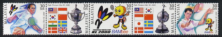 Malaysia 2000 Thomas Cup (Badminton) perf strip of 5 unmounted mint SG 882-86, stamps on sport, stamps on badminton, stamps on 