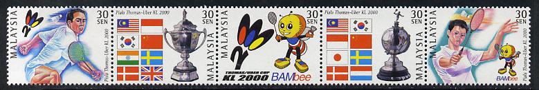 Malaysia 2000 Thomas Cup (Badminton) perf strip of 5 unmounted mint SG 882-86, stamps on , stamps on  stamps on sport, stamps on  stamps on badminton, stamps on  stamps on 