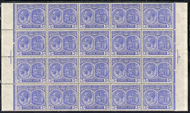St Kitts-Nevis 1921-29 KG5 Script CA Medicinal Spring 3d ultramarine marginal block of 20 being rows 5, 6, 7 & 8 unmounted mint SG 45, stamps on , stamps on  kg5 , stamps on 
