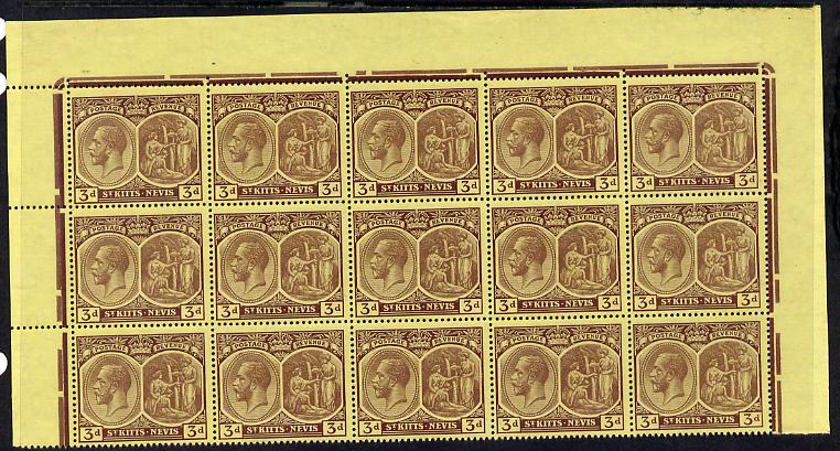 St Kitts-Nevis 1920-22 KG5 MCA Medicinal Spring 3d purple on yellow marginal block of 15 Rows 1, 2 & 3 unmounted mint SG 29, stamps on , stamps on  kg5 , stamps on 