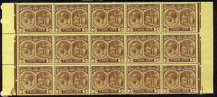 St Kitts-Nevis 1920-22 KG5 MCA Medicinal Spring 3d purple on yellow marginal block of 15 Rows 4, 5 & 6 unmounted mint disturbed perfs at base SG 29, stamps on , stamps on  kg5 , stamps on 