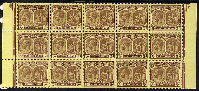 St Kitts-Nevis 1920-22 KG5 MCA Medicinal Spring 3d purple on yellow marginal block of 15 Rows 7, 8 & 9 unmounted mint SG 29, stamps on , stamps on  kg5 , stamps on 