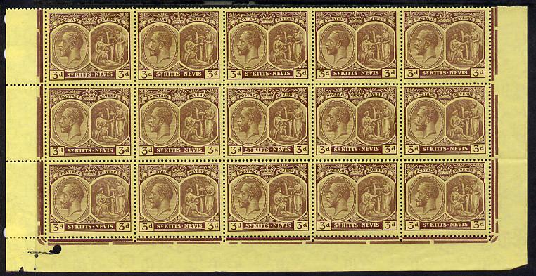 St Kitts-Nevis 1920-22 KG5 MCA Medicinal Spring 3d purple on yellow marginal block of 15 Rows 10, 11 & 12 without plate nos unmounted mint SG 29, stamps on , stamps on  stamps on , stamps on  stamps on  kg5 , stamps on  stamps on 