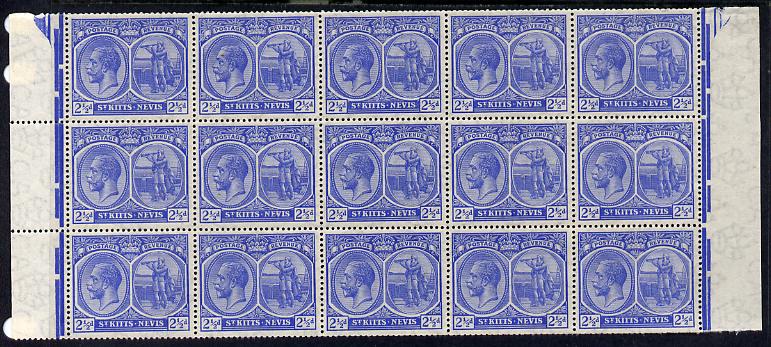 St Kitts-Nevis 1920-22 KG5 MCA Columbus 2.5d ultramarine marginal block of 15 Rows 7, 8 & 9 unmounted mint SG 28, stamps on , stamps on  kg5 , stamps on 