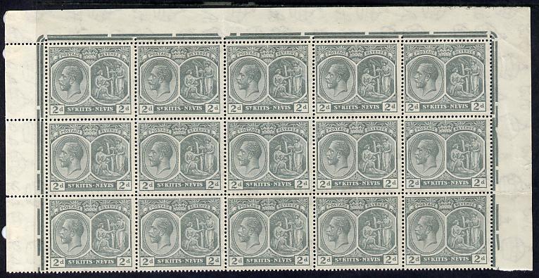 St Kitts-Nevis 1921-29 KG5 Script CA Medicinal Spring 2d slate-grey marginal block of 15 Rows 1, 2 & 3 unmounted mint some split perfs SG 41, stamps on , stamps on  stamps on , stamps on  stamps on  kg5 , stamps on  stamps on 