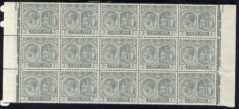 St Kitts-Nevis 1921-29 KG5 Script CA Medicinal Spring 2d slate-grey marginal block of 15 Rows 7, 8 & 9 unmounted mint some split perfs SG 41, stamps on , stamps on  kg5 , stamps on 
