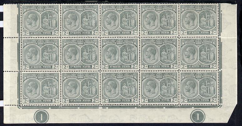 St Kitts-Nevis 1921-29 KG5 Script CA Medicinal Spring 2d slate-grey marginal block of 15 Rows 10, 11 & 12 with plate No.1 (x2) unmounted mint some split perfs SG 41, stamps on , stamps on  stamps on , stamps on  stamps on  kg5 , stamps on  stamps on 