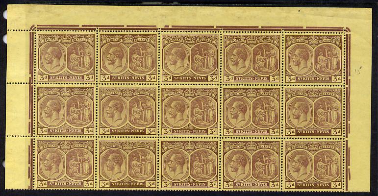 St Kitts-Nevis 1921-29 KG5 Script CA Medicinal Spring 3d purple on yellow marginal block of 15 Rows 1, 2 & 3 unmounted mint SG 45a, stamps on , stamps on  kg5 , stamps on 