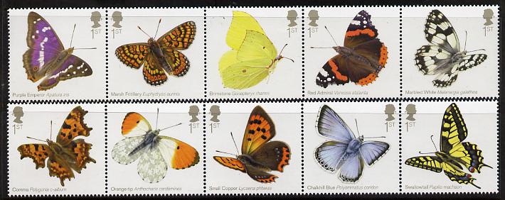 Great Britain 2013 Butterflies perf set of 10 (2 strips of 5) unmounted mint , stamps on , stamps on  stamps on butterflies