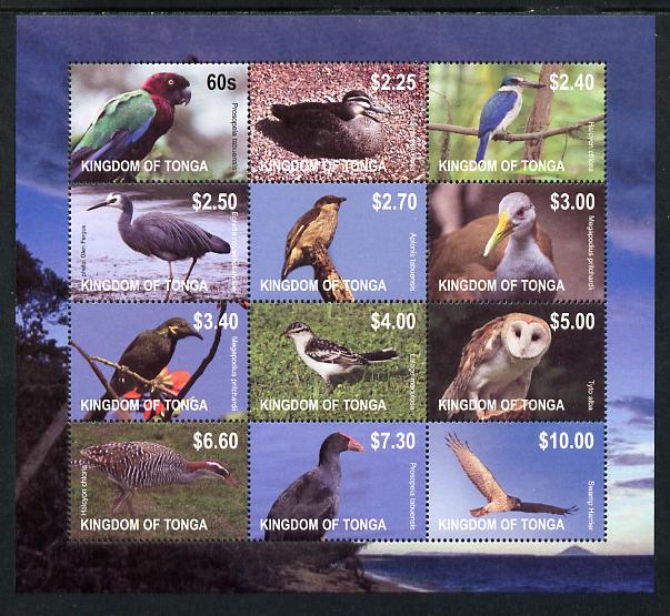 Tonga 2013 Birds #1 definitive perf sheetlet containing set of 12 values unmounted mint , stamps on , stamps on  stamps on birds, stamps on  stamps on birds of prey, stamps on  stamps on owls, stamps on  stamps on parrots, stamps on  stamps on kingfishers