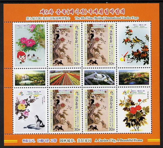 North Korea 2013 China Garden Expo perf sheetlet containing 8 values plus 4 labels unmounted mint, stamps on , stamps on  stamps on flowers, stamps on  stamps on cats