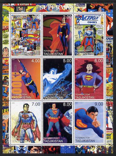 Tadjikistan 2000 Superman perf sheetlet containing 9 values unmounted mint, stamps on films, stamps on movies, stamps on cinema, stamps on  tv , stamps on 