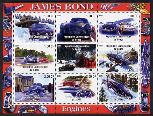 Congo 2001 James Bond - Cars #1 perf sheetlet containing 9 values unmounted mint, stamps on , stamps on  stamps on films, stamps on  stamps on movies, stamps on  stamps on cinema, stamps on  stamps on  tv , stamps on  stamps on  spy , stamps on  stamps on cars