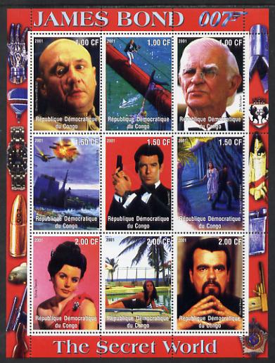 Congo 2001 James Bond - The Secret World #3 perf sheetlet containing 9 values unmounted mint, stamps on , stamps on  stamps on films, stamps on  stamps on movies, stamps on  stamps on cinema, stamps on  stamps on  tv , stamps on  stamps on  spy , stamps on  stamps on aviation, stamps on  stamps on 