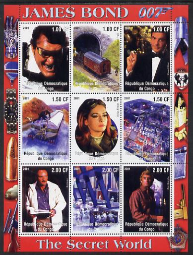 Congo 2001 James Bond - The Secret World #4 perf sheetlet containing 9 values unmounted mint, stamps on films, stamps on movies, stamps on cinema, stamps on  tv , stamps on  spy , stamps on railways, stamps on trucks