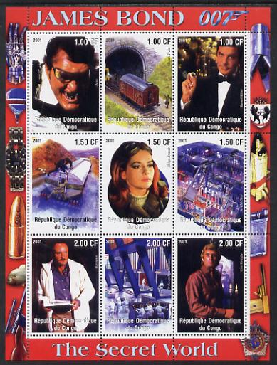 Congo 2001 James Bond - The Secret World #4 perf sheetlet containing 9 values unmounted mint, stamps on , stamps on  stamps on films, stamps on  stamps on movies, stamps on  stamps on cinema, stamps on  stamps on  tv , stamps on  stamps on  spy , stamps on  stamps on railways, stamps on  stamps on trucks