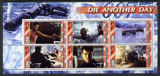 Guinea - Conakry 2003 James Bond - Die Another Day #1 perf sheetlet containing 6 values unmounted mint, stamps on , stamps on  stamps on films, stamps on  stamps on movies, stamps on  stamps on cinema, stamps on  stamps on  tv , stamps on  stamps on  spy , stamps on  stamps on railways, stamps on  stamps on trucks