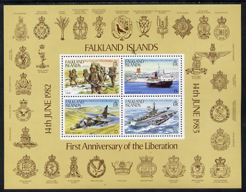 Falkland Islands 1983 First Anniversary of Liberation perf m/sheet unmounted mint SG MS458, stamps on , stamps on  stamps on battles, stamps on  stamps on ships, stamps on  stamps on aviation, stamps on  stamps on militaria