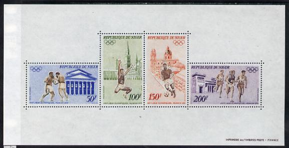 Niger Republic 1972 Oly,pic Games perf m/sheet unmounted mint. Note this item is privately produced and is offered purely on its thematic appeal SG MS439, stamps on olympics, stamps on boxing, stamps on jumping, stamps on long jump, stamps on football, stamps on running