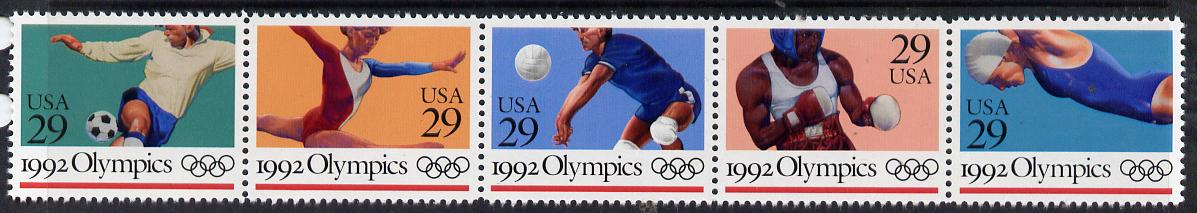 United States 1992 Barcelona Summer Olympics se-tenant strip of 5 unmounted mint SG 2667a, stamps on , stamps on  stamps on olympics, stamps on  stamps on football, stamps on  stamps on gymnastics, stamps on  stamps on volleyball, stamps on  stamps on boxing, stamps on  stamps on swimming