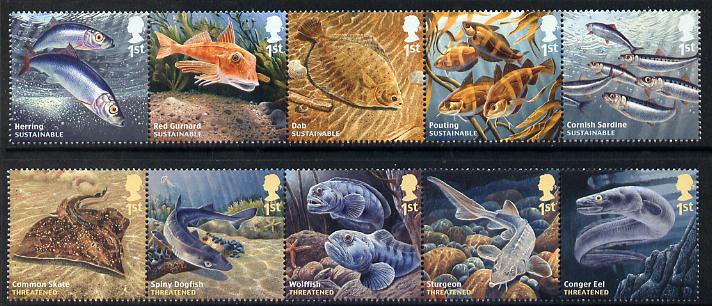 Great Britain 2014 Sustainable Fish perf set of 10 (2 strips of 5) unmounted mint , stamps on fish