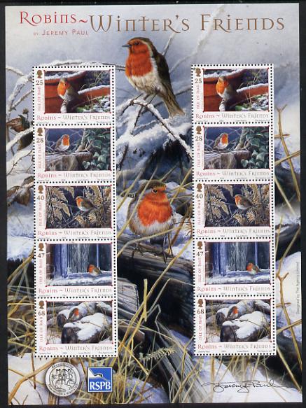 Isle of Man 2004 Robins - Winters friends perf sheetlet containing two sets of 5 unmounted mint as SG 1185-89, stamps on birds, stamps on robins