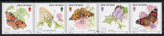 Isle of Man 1993 Butterflies strip of 5 unmounted mint SG 573a, stamps on butterflies