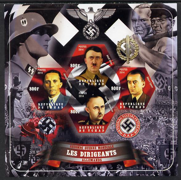 Chad 2014 Leaders in WW2 - Germany #1 - Hitler, Speer, Himmler & Goebbels imperf sheetlet containing four hexagonal shaped values unmounted mint, stamps on , stamps on  stamps on personalities, stamps on  stamps on  ww2 , stamps on  stamps on shaped, stamps on  stamps on militaria  , stamps on  stamps on dictators.